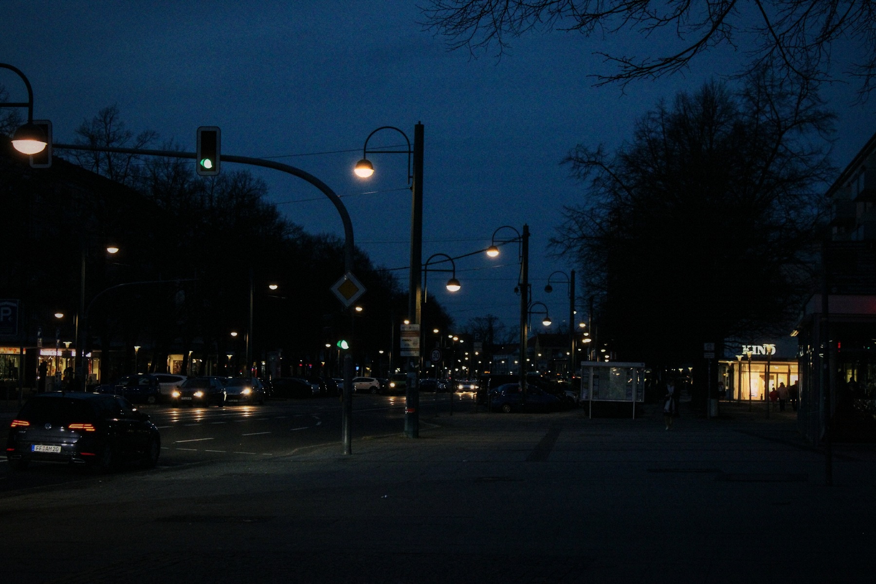 A city street at blue hour with the Nocturne look